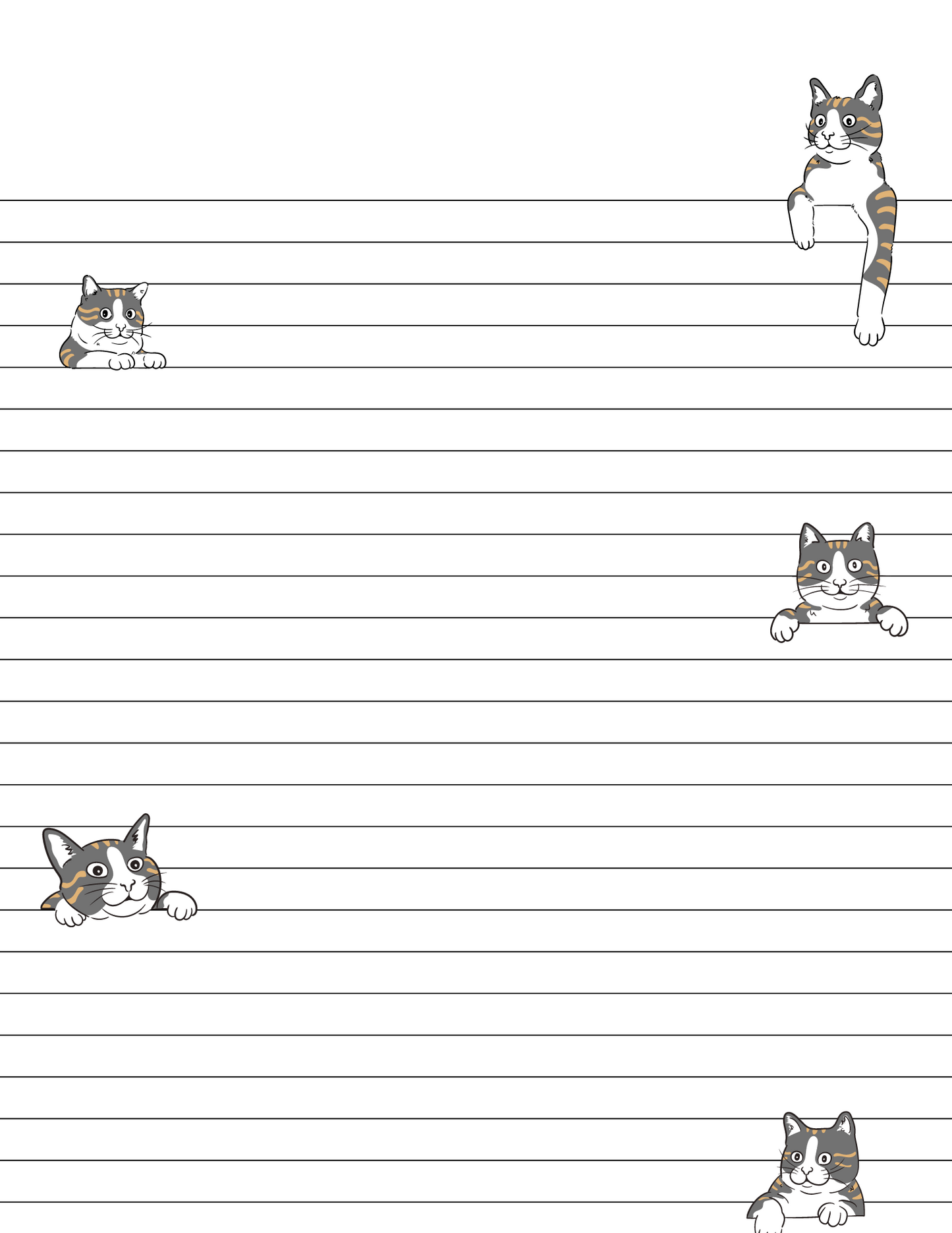 GRAY AND WHITE TABBY CAT PEEK-A-BOO PRINTABLE Stationery, 1 set of Digital/ Printable Designs. 1 Size 8.5x11 pdf format for Download |  Lined and Unlined